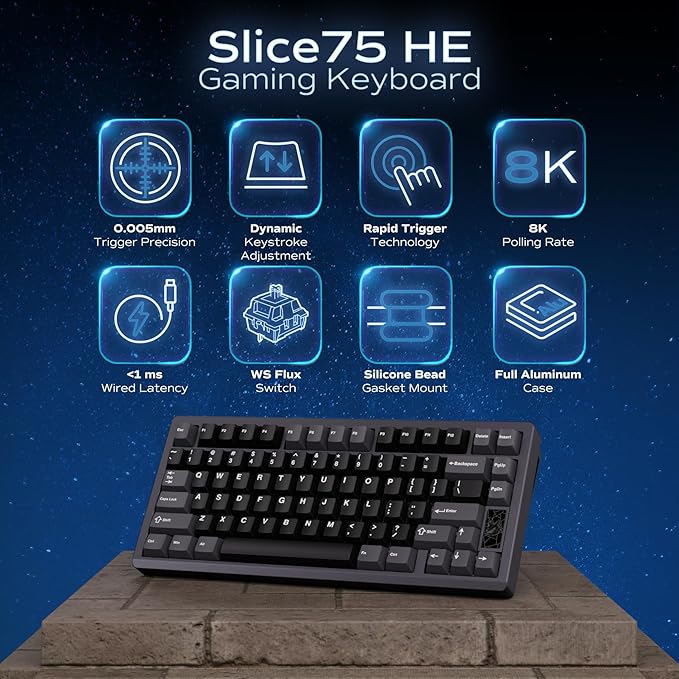 Mechanical Keyboard Chilkey Slice75 HE Gaming Keyboard Wired 75% Hall Effect Magnetic Aluminum Keyboard with WS Flux HE Clacky Switch Rapid Trigger 8K Polling Per-Key RGB Custom PC/Mac Support