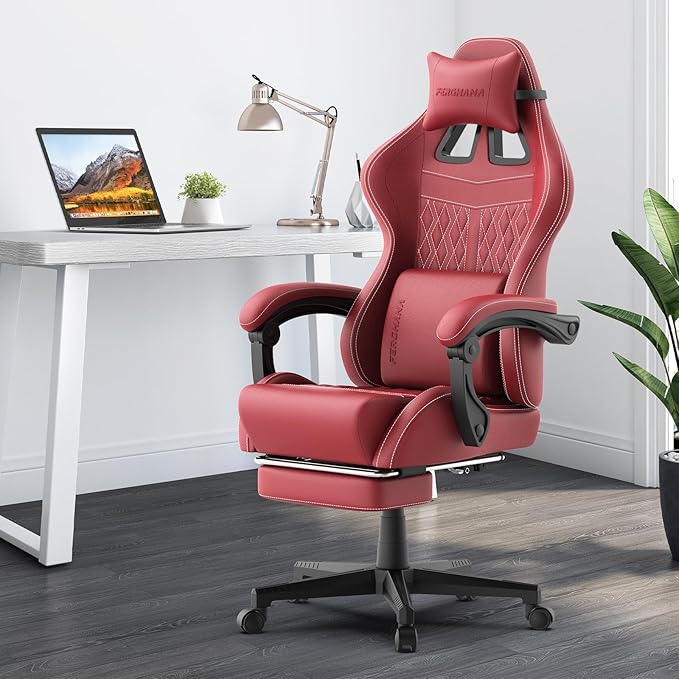 Ferghana Vintage PU Leather Gaming Chair Ergonomic Gamer Chair with Massage High Back Computer Office Chair with Footrest for Adults Racing Style Reclining Video Game Chair (Red)