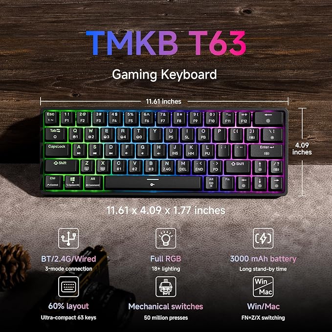 TMKB T63 Gaming Keyboard 60% Wireless Mechanical Keyboard with Bluetooth/2.4G/Type-C Compact 63 Keys Anti-Ghosting RGB Backlight Clicky Blue Switch - Black