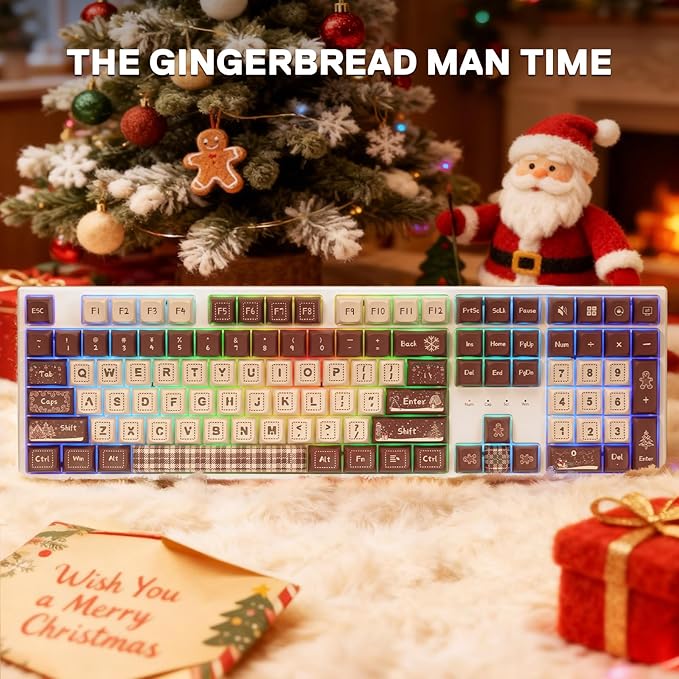 Redragon K668 Xmas Wired Gasket RGB Gaming Keyboard 108 Keys Mechanical Keyboard w/Extra 4 Hotkeys Upgraded Hot-swappable Socket Sound Absorbing Foam Christmas Gingerbread Man Themed Cute Keycaps
