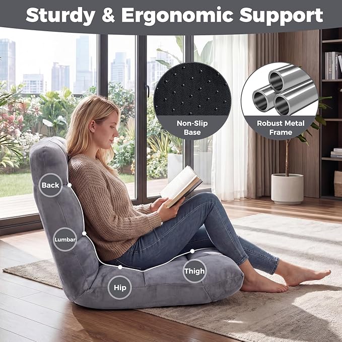 COSTWAY Floor Chair Video Gaming Chairs with Back Support Adjustable 14-Position Alloy Steel Frame Lazy Sofa Lounge Recliner for Adults Kids (Silver Grey)