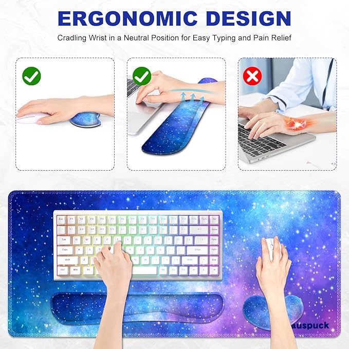 Desk Mat Gaming Mouse Pad Wrist Rest Support Combo XXL Large Mousepad + Keyboard Wrist Support +Mouse Wrist Rest+Coaster Set with Ergonomic Design 4in1 for Home Office Nebula Galaxy