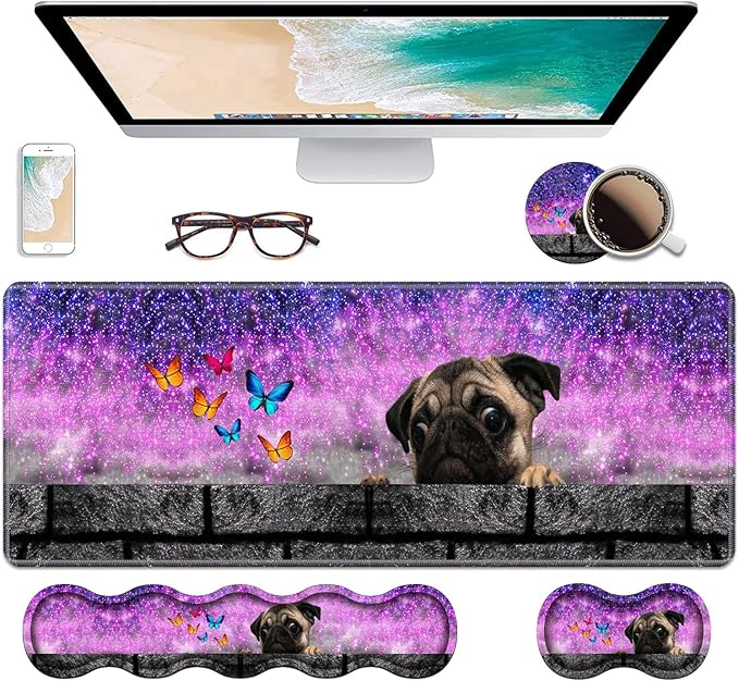 Ergonomic Keyboard Wrist Rest &amp Mouse Pad Wrist Rest Set Large XXL Gaming Desk Mat 31.5x 11.8 with Non-Slip Base Memory Foam Easy Typing Pain Relief for Home &amp Office Cute Pug and Butter