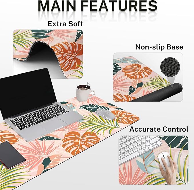 Britimes Bohemian Palm Leaf Keyboard Mouse Pad Set 4in1 Large Mousepad+Keyboard Wrist Rest+Mouse Wrist Rest+Coaster Set with Ergonomic Design for Home Office Computer 35.4x15.7 inches