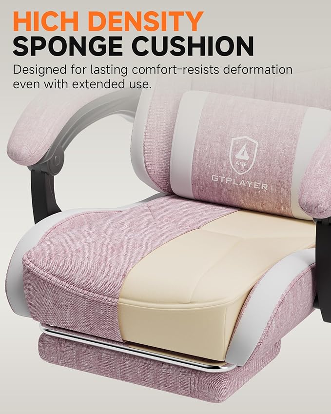 GTPLAYER Gaming Chair with Footrest Computer Gaming Chair for Adults and Kids Height Adjustable Gamer Chair with 90-155° Recline &amp Removable Headrest Lumbar SupportLinen Fabric Pink