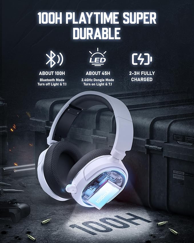 Wireless Gaming Headset 7.1 Surround Sound 2.4GHz USB Gaming Headphones with Bluetooth 5.4 100H Battery ENC Noise Canceling Mic RGB Light Wireless Headset for PC PS5 PS4 Mac Switch (Black-White)