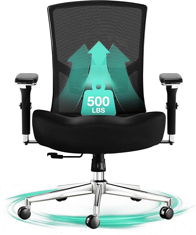 Big and Tall Office Chair 500lbs Ergonomic Oversize Mesh Desk Chair Heavy Duty High Back Computer Chair with Wide Thick Seat Cushion Adjustable Lumbar Support 4D Armrests