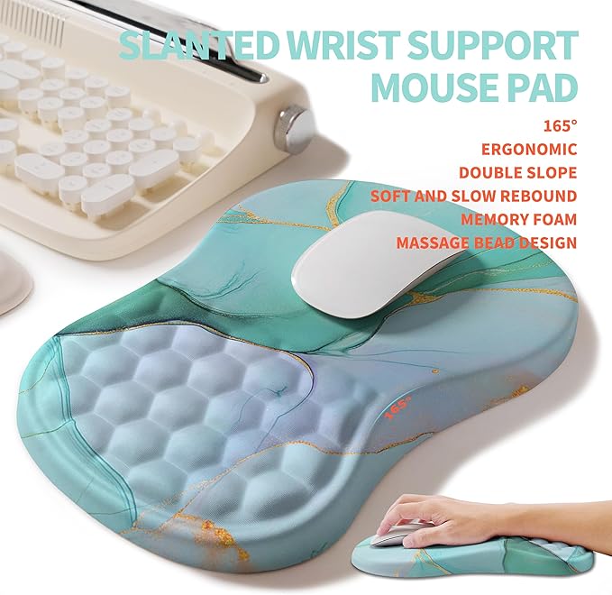 2-in-1 Ergonomic Set Wave Rise Keyboard Wrist Rest and Massage Bulge Slope Mouse Pad Wrist Support Cushion Memory Foam Integrated to Relieve Wrist Pain Blue Gold Marble