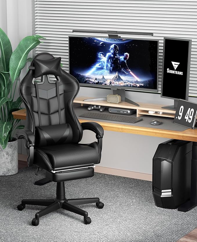 Soontrans Black Gaming Chairs with Footrest Ergonomic Gamer Chair Home Office ChairPC Computer Chair with Headrest and Lumbar Support(Dark Black)