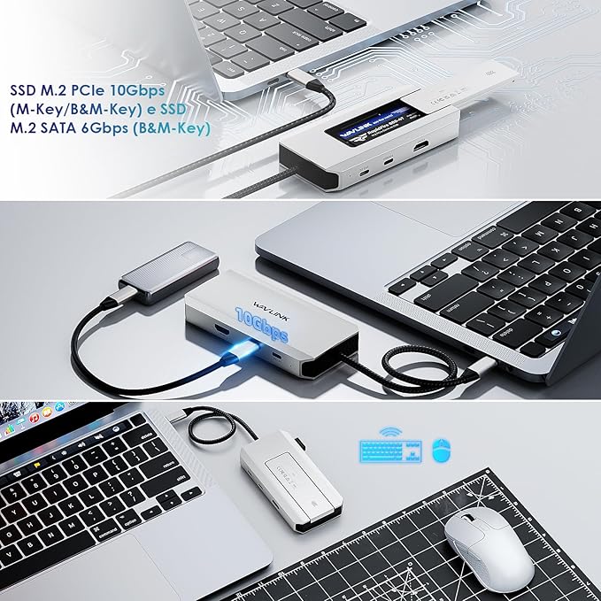 WAVLINK 8 in 1 USB C Hub with M.2 NVMe/SATA SSD Enclosure 10Gbps 4K@144Hz HDMI USB-C/A 10Gb 100W PD Aluminum Alloy USB C Enclosure for M.2 NVMe SATA SSD for M1/M2/M3/M4 MacOS Systems