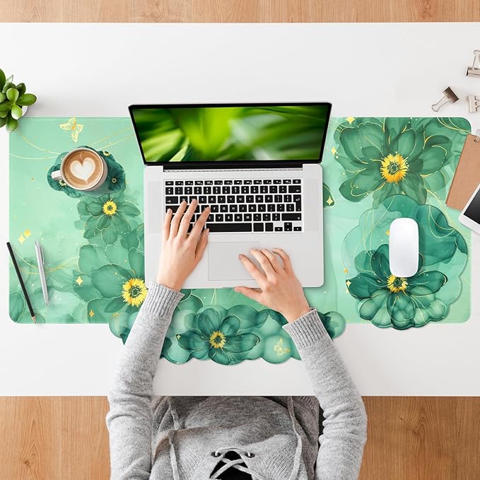 Conmputer Desk Mat Set 4 in 1 Cloud-Shaped Ergonomic Wrist Rest Set Mouse Pad with Non-Slip Base Memory Foam Silicone Lining Keyboard Wrist Rest Computers Offices GamingDark Green Stained Petal