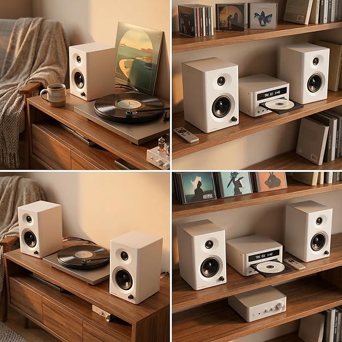 3-Inch Bluetooth 5.3 Computer Speakers for PC Max 60W RMS Rich Stereo Sound with Good Bass &amp Clear Highs Stable Aux/RCA Inputs for Gaming Home Office Studio White Pair