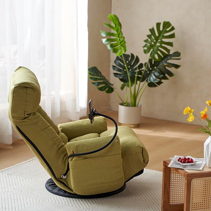 Swivel Gaming Floor Chair 360° Swivel Accent Lounge Chair with 5 Position Adjustable Phone Holder Pocket Folding Gaming Sofa Couch for Adults Leisure Sofa Chairs for Home Office No Assembly Green