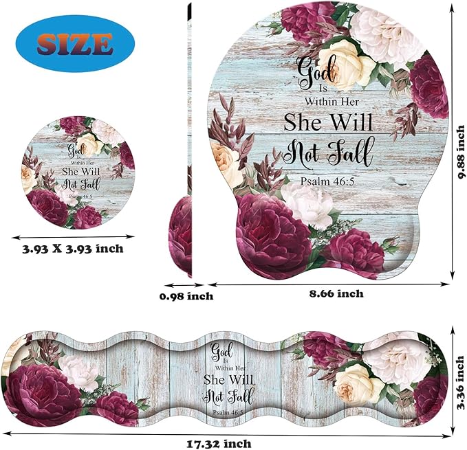 3 in 1 Keyboard Wrist Rest + Mouse Pad and Coaster Ergonomic Gel Mouse Pad and Keyboard Pad Set Comfortable Lightweight for Easy Typing Pain Relie Bible Flower Psalm 46-5