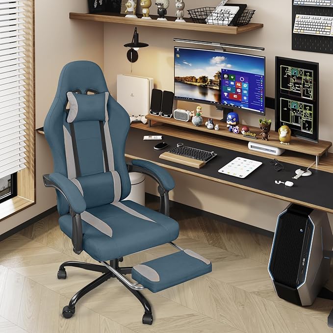 Breathable Fabric Gaming Chair with Footrest Height Adjustable Game Chair Video Gaming Chair for Gaming Room Living Room and Office - Blue/Light Grey