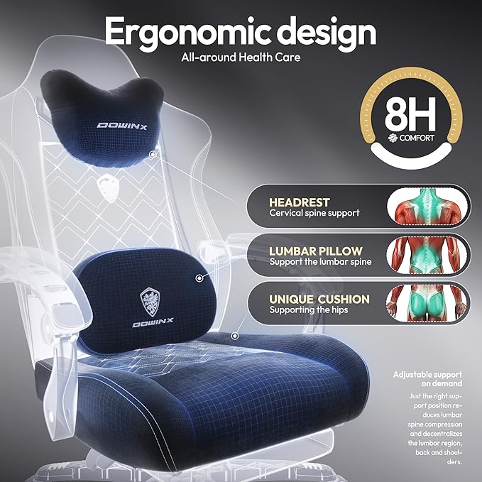Dowinx Fabric Gaming Chair with Heated Massage Lumbar Support Big and Tall Ergonomic Office Chair with Pocket Spring Cushion and Footrest High Back Computer Chair for Adults 350lbs Deep Black