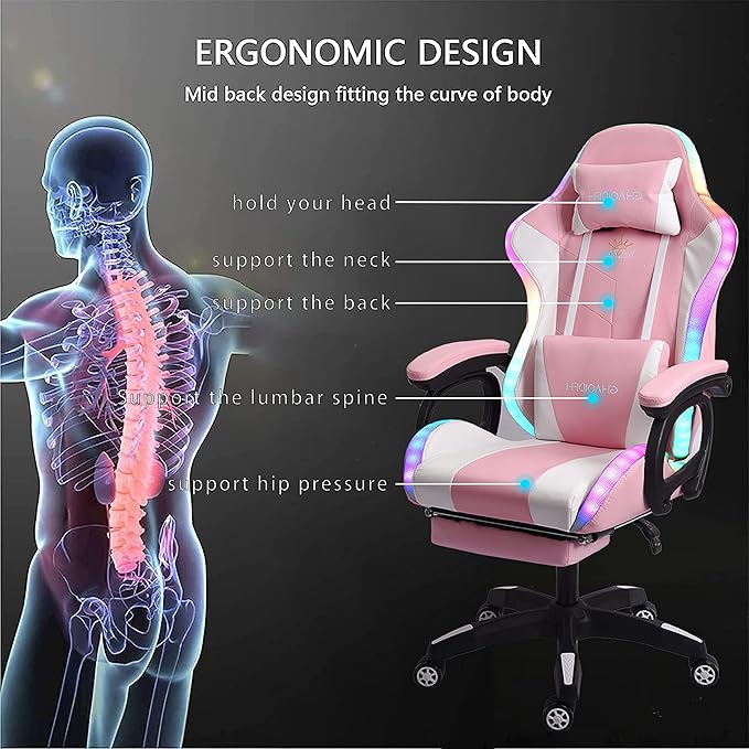 Ergonomic Gaming Chair with Footrest and Lumbar Support Video Gaming Chair with Speaker and LED Light Gaming Chair with Full Massage Function 90°-135° Tilting Computer Chair.Pink
