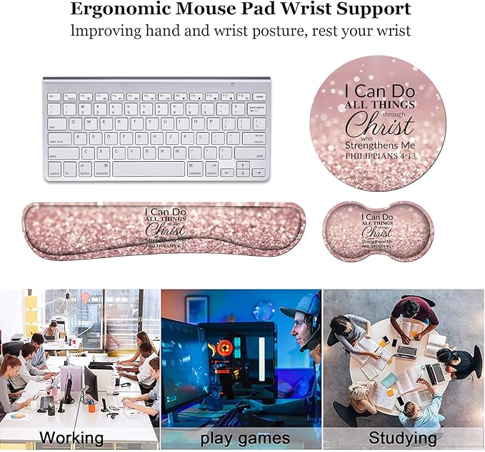 Keyboard Wrist Rest and Mouse Pad Wrist Rest Set with Coasters [4Pcs] Memory Foam Easy Typing Pain Relief Non-Slip Rubber Base for Computer Laptop Home &amp Office Bible Verse Philippians 4-13