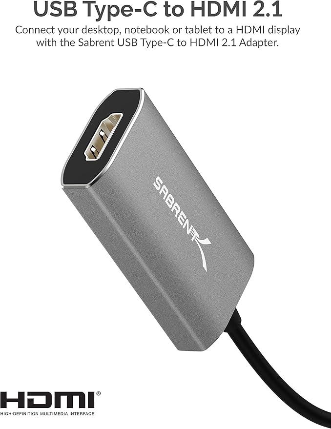 SABRENT USB Type C to HDMI 2.1 Adapter | 8K/60Hz &amp 4K/120Hz with DSC Function | 8K/30Hz &amp 4K Resolution Without DSC | Thunderbolt 3 Compatible (DA-UCH8)
