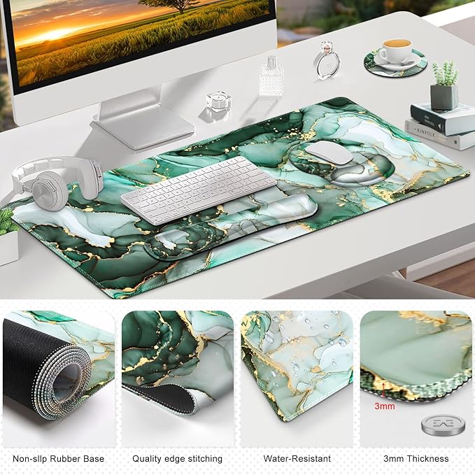 Gaming Mouse Pad Large Desk Mat Cute Desk Pad Protector 4in1 XXL Mousepad + Keyboard Wrist Rest+Mouse Wrist Rest+Coaster Set with Ergonomic Desk Pad for Home Office PC Computer Green Marble