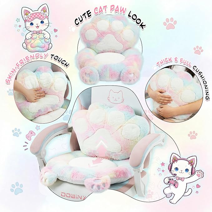 Dowinx Gaming Chair with Cat Ears and Paw Lumbar Pillow Ergonomic Reclining Chair Memory Foam and Spring Cushion Footrest 300lbs Capacity Cute and Comfortable Design for Women &amp Girls