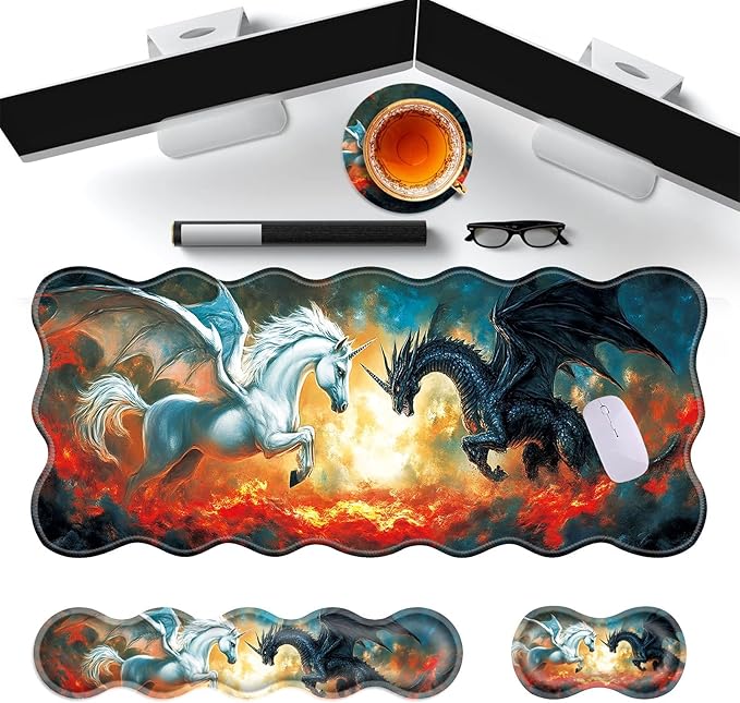 Large Gaming Mouse Pad Keyboard Wrist Rest Pad &amp Wrist Support Mousepad Set Stitched Edge Extended Non-Slip Base Memory Foam Desk Mat for Office HomeHorse and Dragon