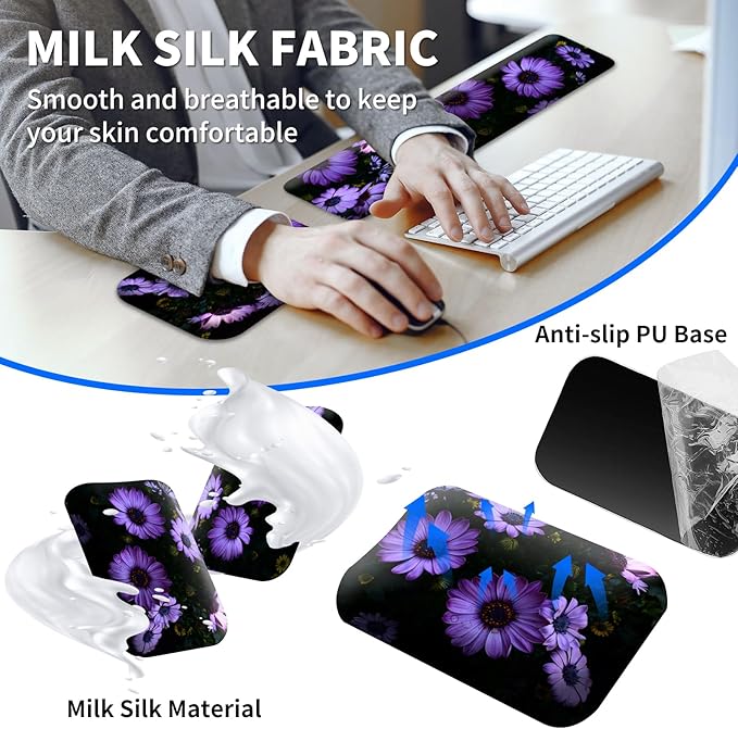 Keyboard Wrist Rest and Mouse Pad Set Keyboard Wrist Support + Small Mouse Pad + Elbow Arm Rest Pad + Coaster Ergonomic Memory Foam Wrist Rest for Computer Keyboard Purple Daisy Flowers