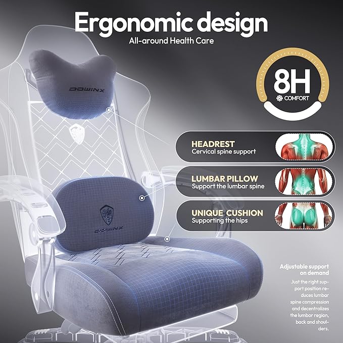 Dowinx Gaming Chair with Heated Massage Lumbar SupportBig and Tall Fabric Gaming Chairs for Adults with Footrest Ergonomic Computer Game Chair with Poket Spring Cushions 350lbs Gray