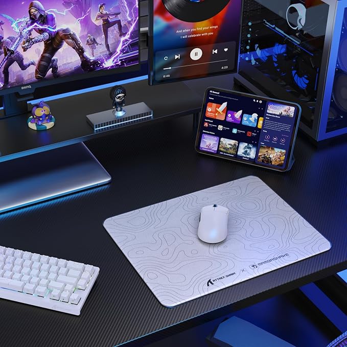 ATTACK SHARK CM05SE Glass Gaming Mouse Pad for FPS &amp Esports Nano-Etched Tempered Glass SurfaceUltra-Smooth Low Friction Hard MousepadWaterproof Large Desk Mouse Mat for PC SetupWhite Contour