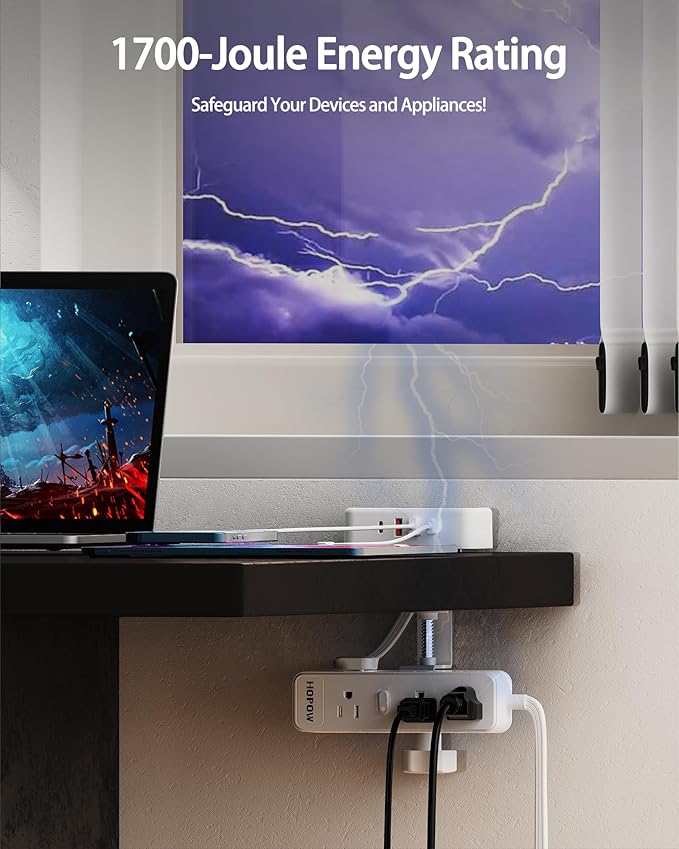 Dual Layer Desk Clamp Power Strip（White） Desktop Edge Mount Charging Station with 13 Outlets 4 USB Ports (2 USB C) Under Desk Surge Protector(1700 Joules) 10 Ft Extension Cord for Office