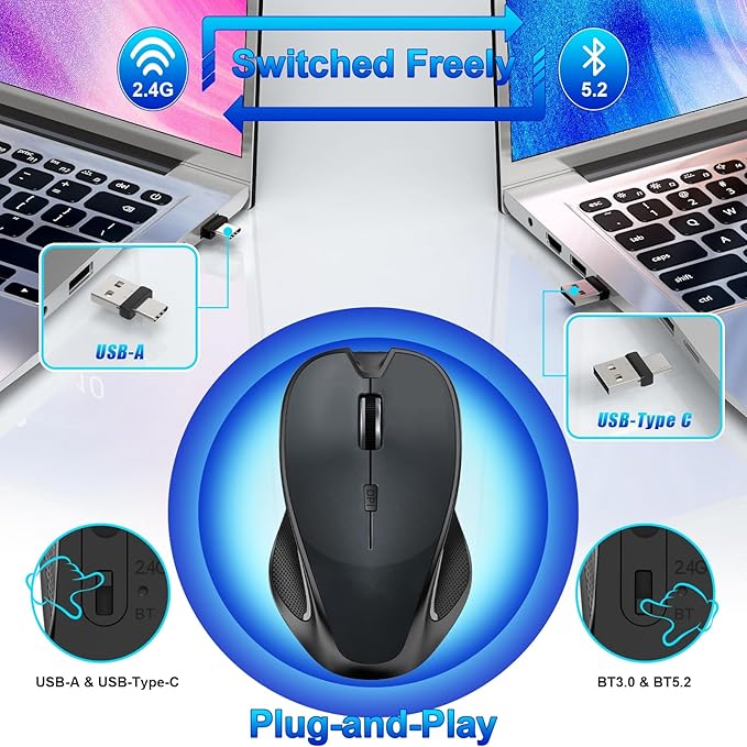 Mouse for MacBook Bluetooth Wireless Mouse Laptop MacBook Air Mac Pro Silent Rechargeable PC iPad Optical Mouse with Jiggler Dual Mode Switch Bluetooth 5.2/3.0 and 2.4GHz USB Type-C Receiver ROSE GOLD