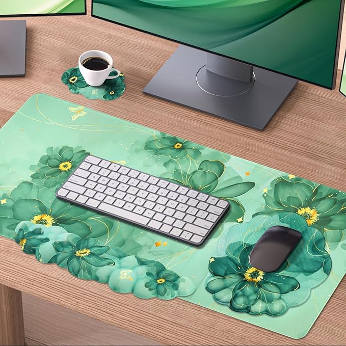 Conmputer Desk Mat Set 4 in 1 Cloud-Shaped Ergonomic Wrist Rest Set Mouse Pad with Non-Slip Base Memory Foam Silicone Lining Keyboard Wrist Rest Computers Offices GamingDark Green Stained Petal