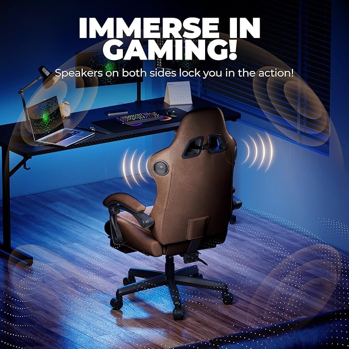 GTPLAYER ACE-PRO Music Gaming Chairs – Built-in Speakers App Support &amp Bluetooth Control Computer Game Chairs with Footrest for Adults Ergonomic Reclining Silla Linkage Armrest Light Brown