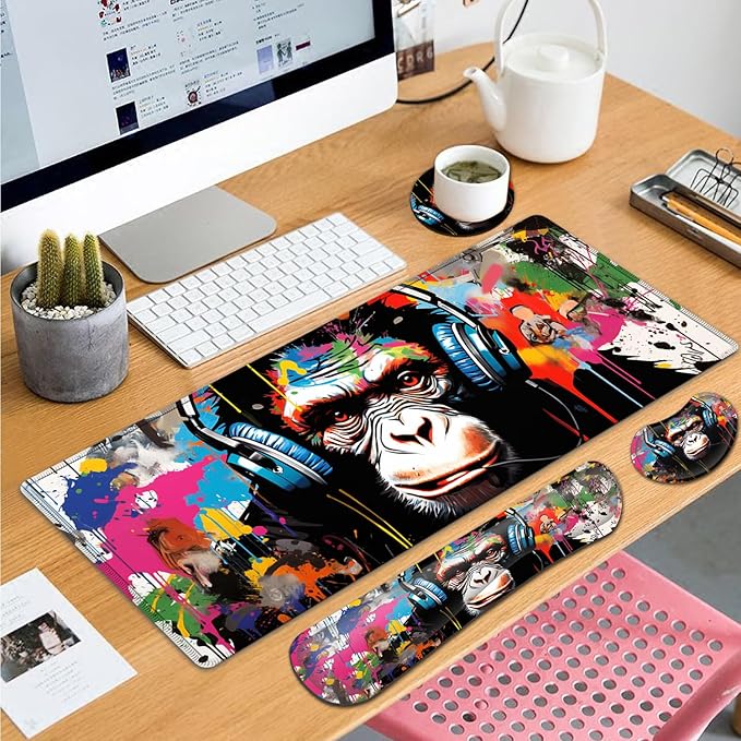 Large Gaming Mouse Pad+ Keyboard Wrist Rest Set Ergonomics Memory Foam Mouse Mat Wrist Rest Support Waterproof Extended Mousepad 31.5x11.8in Gorilla Painted Headphones Desk Pad