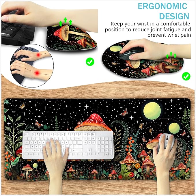 Blusabaca Mushroom Mouse Pad Funny Cute Desk Mat Large Gaming Mouse Pad with Wrist Rest Keyboard Pad Wrist Rest Ergonomic Cup Coaster Work Home Desk Accessories Office Supplies