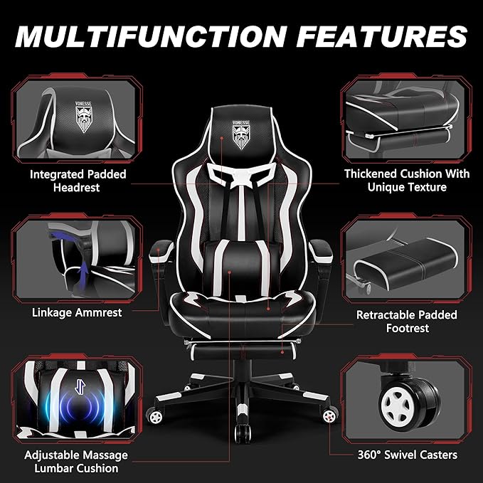 Vonesse Gaming Chair with FootrestReclining Computer Gaming Chair for AdultsBig and Tall Gamer Chair with MassageErgonomic High Back (White/Black)