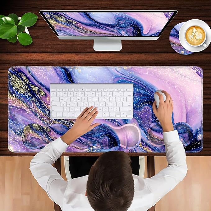 Keyboard Wrist Rest and Mouse Pad with Wrist Support Set Ergonomic CoasterMemory FoamEasy Typing Pain ReliefLarge XL Desk Mat 31.5x 11.8Purple Marble
