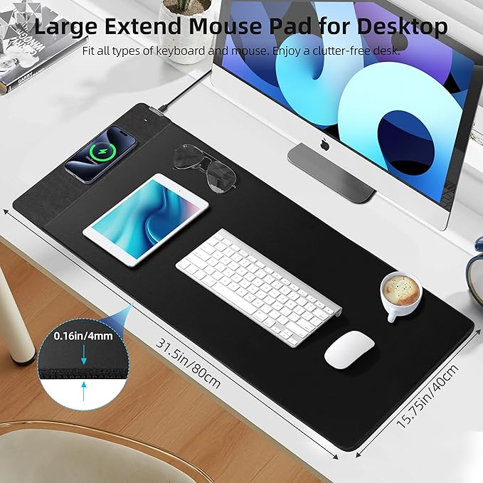 ExtreLife Wireless Charging Mouse Pad Gaming Mouse Pad with Ultra-Smooth Surface 31.5”x15.75” Large Desk Mat Non-Slip Rubber Base Waterproof Computer Keyboard Pad for Gaming MacBook Laptop Desk