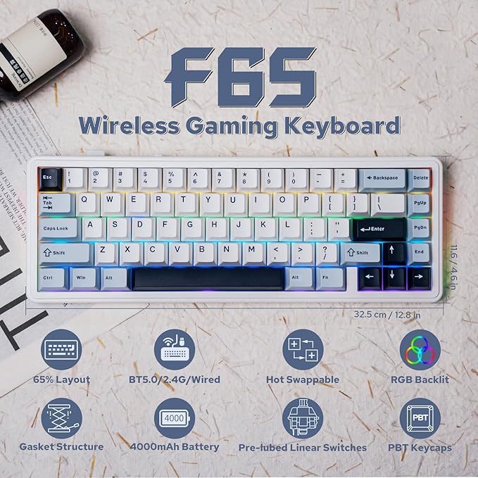 EPOMAKER x Aula F65 65% Wireless Mechanical Keyboard Hot Swappable Gasket Custom Gaming Keyboard with Five-Layer Padding RGB Backlit BT/2.4GHz/USB-C (Light Blue Graywood V3 Switch)