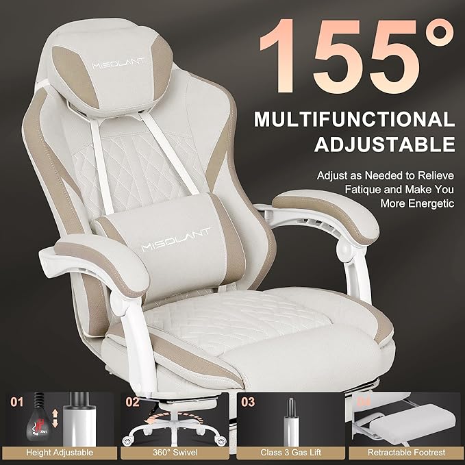 Misolant Gaming Chair Fabric Gamer Chair with footrest for Adults High Back Ergonomic Computer Game Chair with Adjustable Headrest and Massage Lumbar Support 90-155° Recline Free Beige