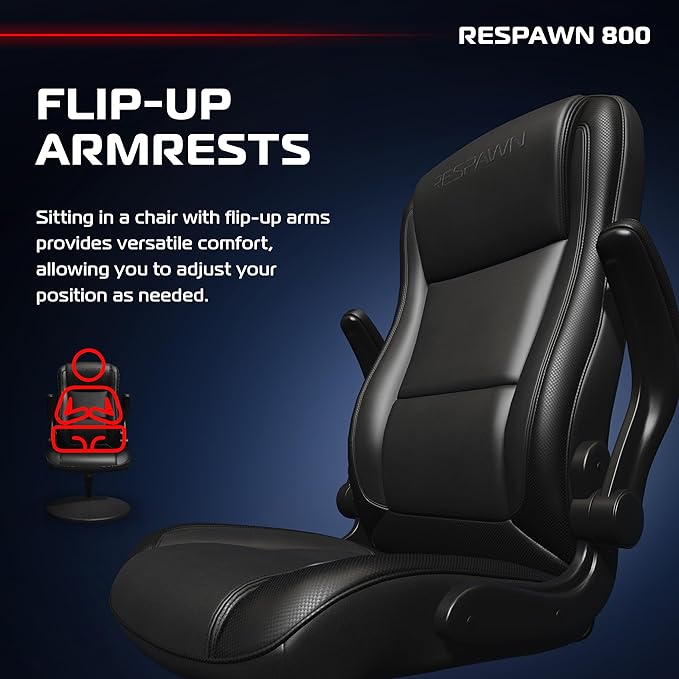 RESPAWN 800 Swivel Rocker Gaming Chair - Ergonomic Floor Gaming Seat with Lumbar Support Flip Up Armrest High Back Pedestal Base Comfortable No Wheels Console Video Game Rocker Chair - Black
