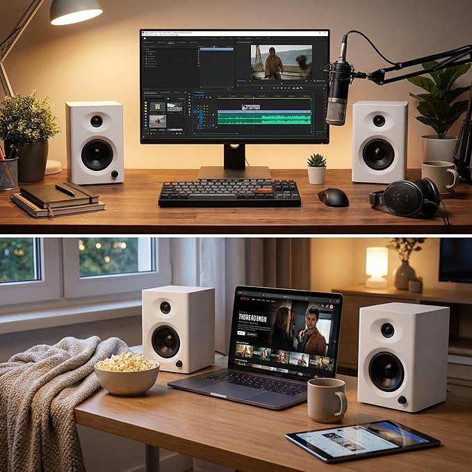 Desktop Speakers for PC Bookshelf Speakers with Clear Highs &amp Punchy Bass - 4 Woofer 80W Peak HiFi Audio for Monitor Home Theater Sound System and Computer White Pair
