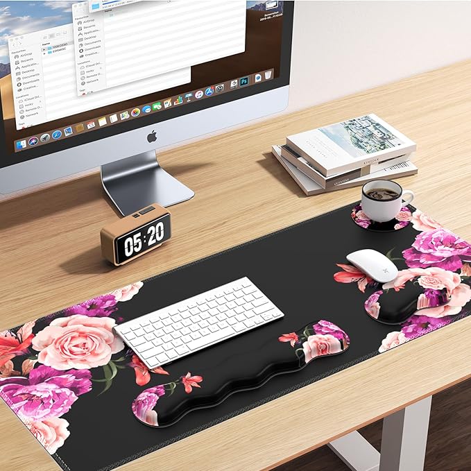 iLeadon Mouse Pad Set Desk Mat + Mouse Pad with Wrist Rest + Keyboard Wrist Rest + Coaster Mouse and Keyboard Pad Set with Stitched Edge &amp Non-Slip Base Desk Pad Mat for Work Gaming Peony Flow