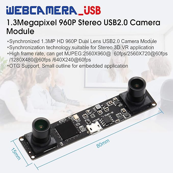 Dual Lens USB Camera Module 960p 60fps 3D Stereo Synchronized Webcam Board Module1.3mp Double Lens USB with CameraHD OV9750 Web Camera 90degree Web Cam for Windows Linux Raspberry Pi