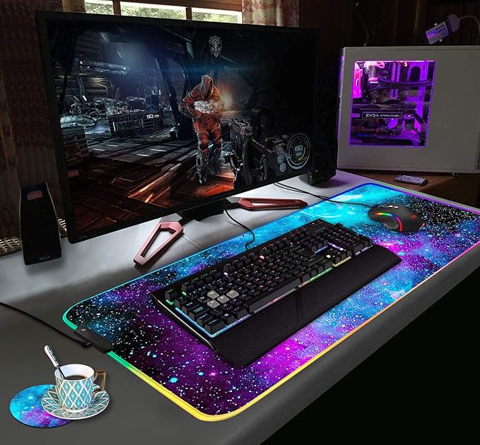 RGB Gaming Mouse Pad with Coffee Coaster XXL Large Glowing LED Mousepad Anti-Slip Rubber Base Computer Keyboard Desk Mouse Mat 31.5 X 11.8 Inch - Blue Galaxy Nebula Universe Space