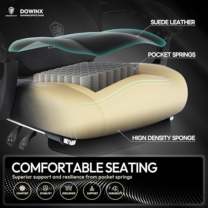 Dowinx Fabric Gaming Chair with Heated Massage Lumbar Support Game Chairs for Adults Big and Tall Gamer Chair with Pocket Spring Cushion High Back PC Chairs with Footrest Black