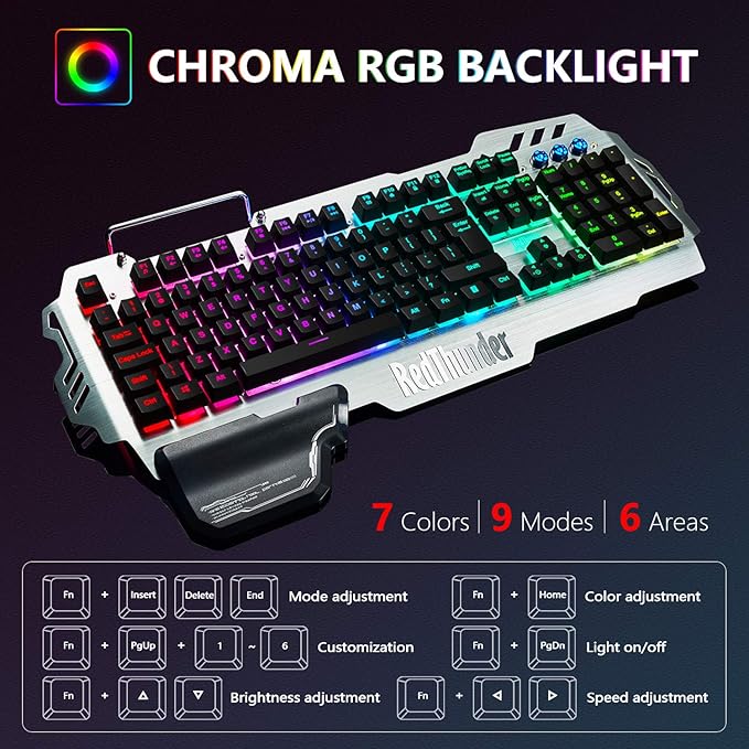RedThunder K900 Gaming Keyboard RGB Backlit Semi-Mechanical with Wrist Rest Water-Resistant USB Wired Hybrid Ergonomic Teclado Gamer for Desktop Computer PC Mac PS4