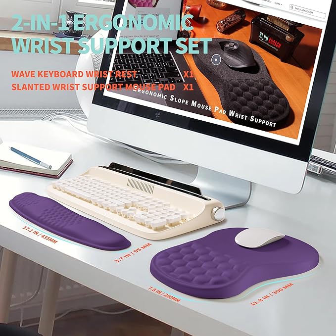 2-in-1 Ergonomic Set Wave Rise Keyboard Wrist Rest and Massage Bulge Slope Mouse Pad Wrist Support Cushion Memory Foam Integrated to Relieve Wrist Pain Dark Purple