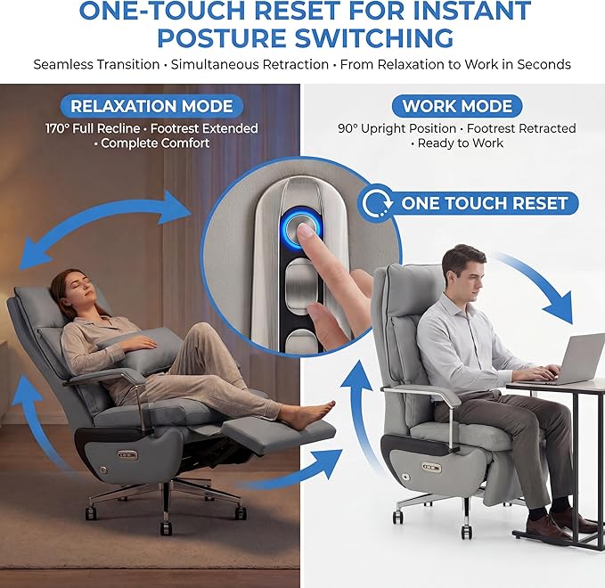 Dual Motor Executive Reclining Office Chair with Footrest – One-Click Electric Recline Massage Lumbar Support &amp Pillow Big and Tall PU Leather Ergonomic Desk Chair for Home Office/Gaming(Gray)
