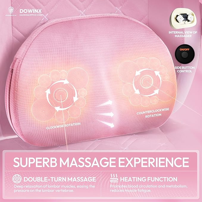 Dowinx Fabric Gaming Chair with Heated Massage Lumbar Support Gaming Chairs for Adults Big and Tall Gamer Chair with Pocket Spring Cushion and Footrest Ergonomic Recliner Computer Chair Pink
